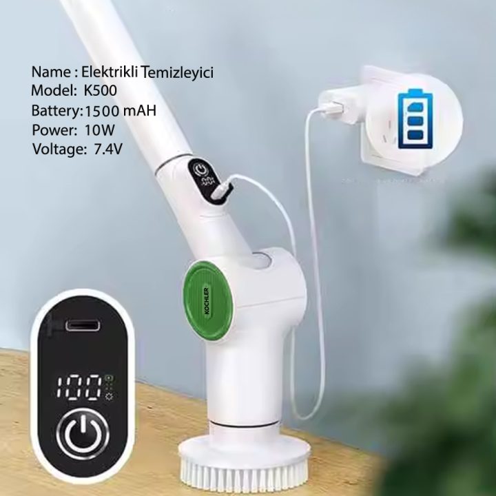 Şarjlı Temizlik Fırçası K500 | Uzun Saplı, Moplu, Sünger Başlıklı, IPX6, 8 Başlık, 3 Hız Modu - Görsel 6