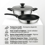 3 Parça Çelik Tencere & Tava Seti – 22 cm İndüksiyon Uyumlu, Süzgeç Kapaklı - Görsel 3