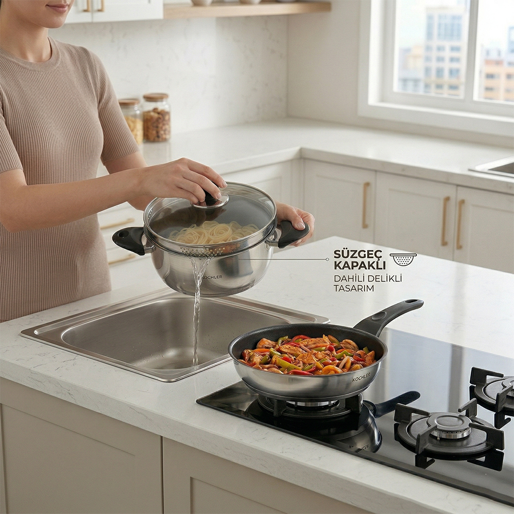 kcv231-1000x1000-1.png 3 Parça Çelik Tencere & Tava Seti – 22 cm İndüksiyon Uyumlu, Süzgeç Kapaklı - Görsel 1