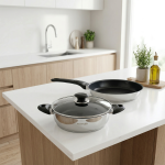 3 Parça Çelik Tencere & Tava Seti – 22 cm İndüksiyon Uyumlu, Süzgeç Kapaklı - Görsel 4