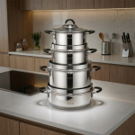 8 Parça Paslanmaz Çelik Tencere Seti – İndüksiyon Ocak Uyumlu, Süzgeç Kapaklı