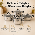 8 Parça Paslanmaz Çelik Tencere Seti – İndüksiyon Ocak Uyumlu, Süzgeç Kapaklı - Görsel 8