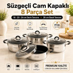 8 Parça Paslanmaz Çelik Tencere Seti – İndüksiyon Ocak Uyumlu, Süzgeç Kapaklı
