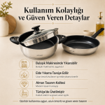 28 cm Seramik İç Yüzeyli Çelik Tencere Tava Seti, Süzgeçli Cam Kapaklı 3 Parça, Tüm Ocak Uyumlu - Görsel 8