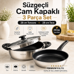 28 cm Seramik İç Yüzeyli Çelik Tencere Tava Seti, Süzgeçli Cam Kapaklı 3 Parça, Tüm Ocak Uyumlu