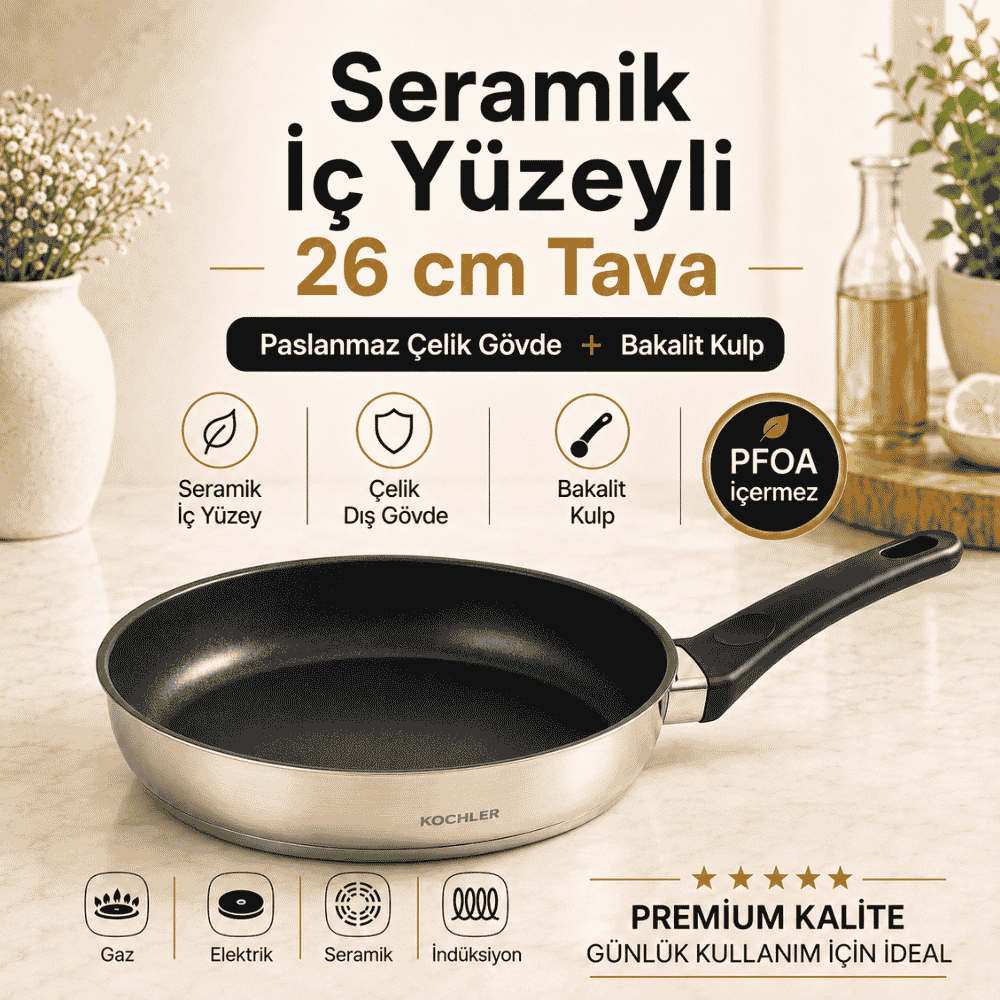 tava-26cm-1.png 26 cm Seramik Kaplamalı Paslanmaz Çelik Bakalit Kulplu İndüksiyon Uyumlu Tava - Görsel 1