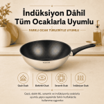 28 cm Seramik İç Yüzeyli İndüksiyon Uyumlu Paslanmaz Çelik Wok Tava - Görsel 6