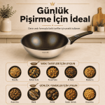 28 cm Seramik İç Yüzeyli İndüksiyon Uyumlu Paslanmaz Çelik Wok Tava - Görsel 5