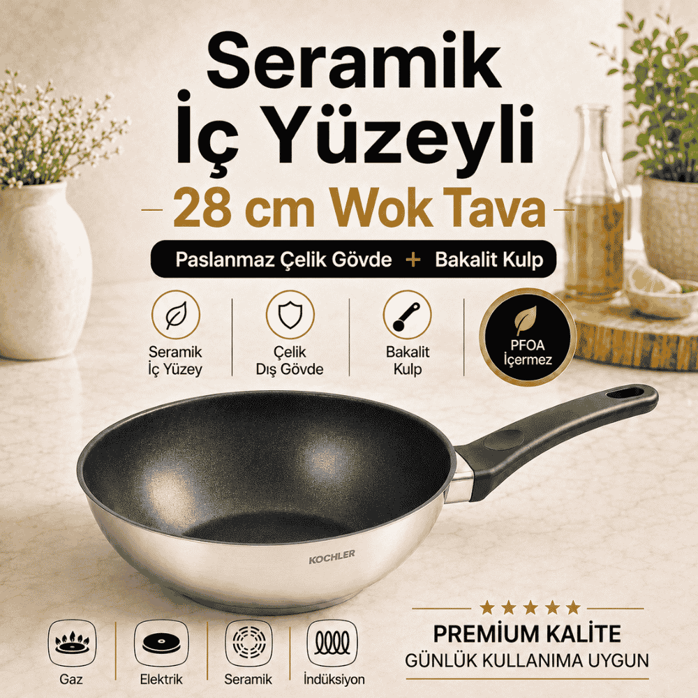wok-7.png 28 cm Seramik İç Yüzeyli İndüksiyon Uyumlu Paslanmaz Çelik Wok Tava - Görsel 1